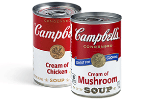 Campbell’s chicken noodle, tomato, cream of chicken, and cream of mushroom soup