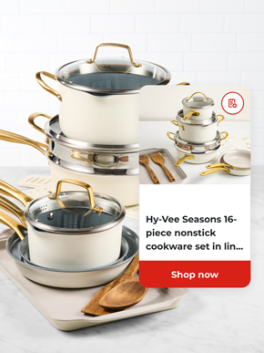 Hy-Vee Seasons 16-piece nonstick cookware set in linen | Shop now